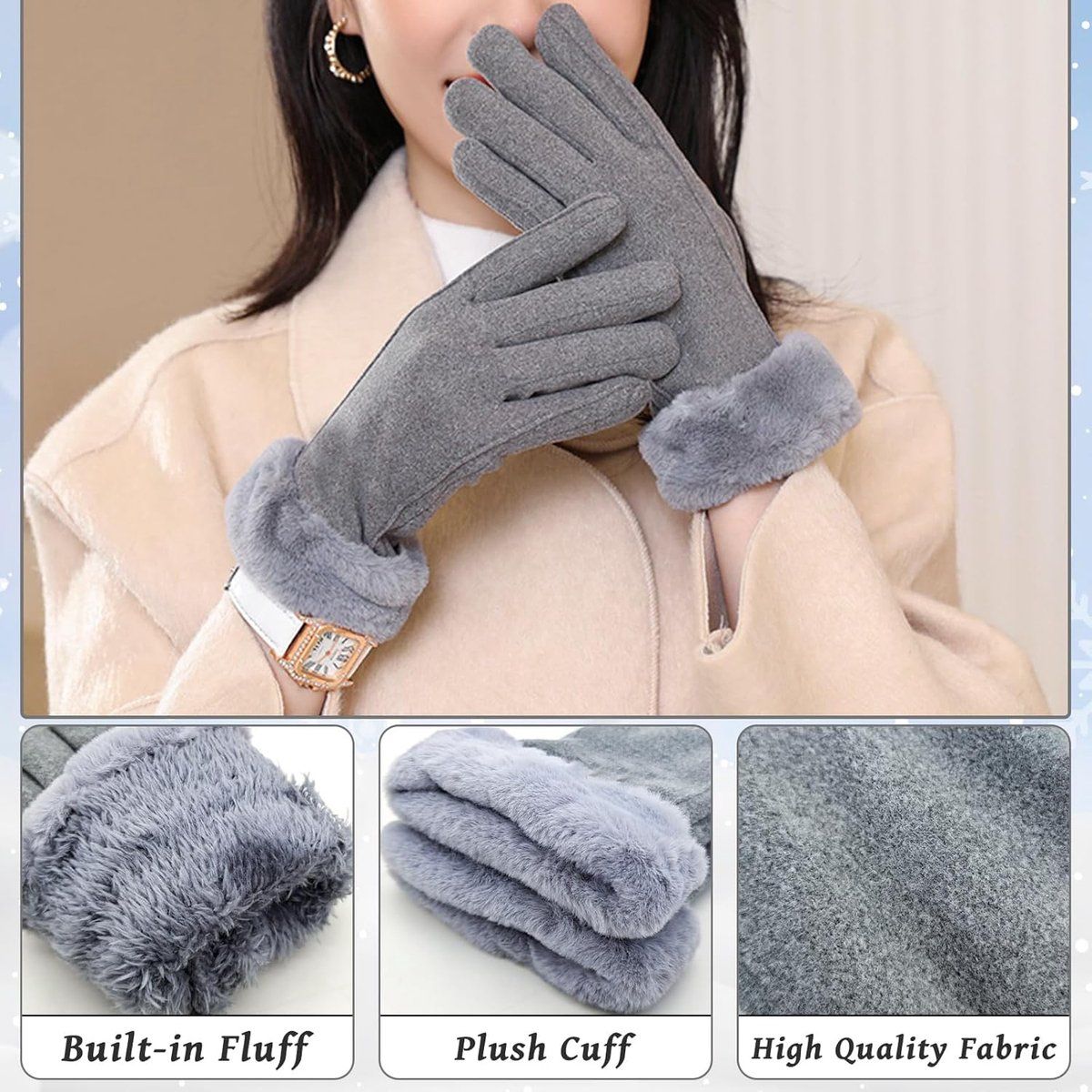 Winter Gloves, windproof gloves, Warm winter gloves for women, Fleece-lined gloves, Thermal touchscreen, 20 x 23 cm, Grey