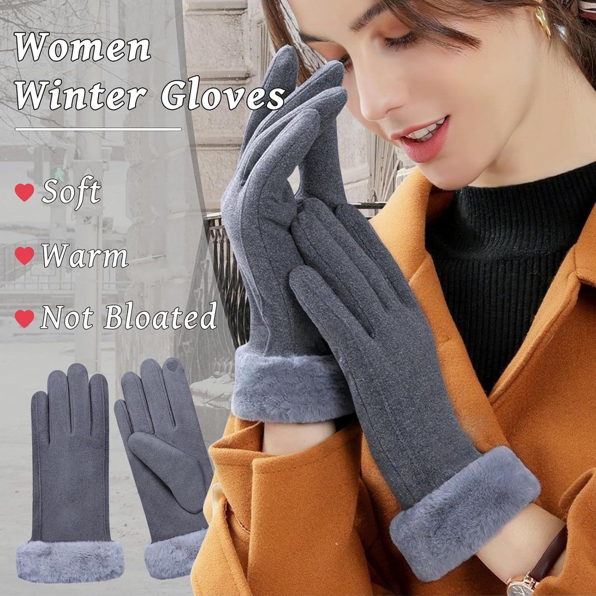Winter Gloves, windproof gloves, Warm winter gloves for women, Fleece-lined gloves, Thermal touchscreen, 20 x 23 cm, Grey