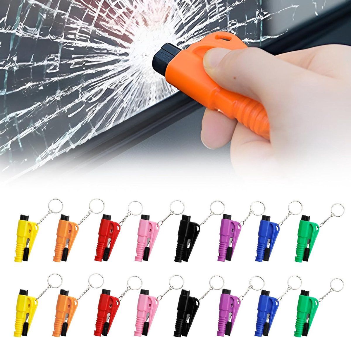 16 Pieces, 4 in 1 Safety Hammer Keychain, Seatbelt Cutter with Whistle and Glass Breaker, Compact Portable Emergency Tool for Car Rescue