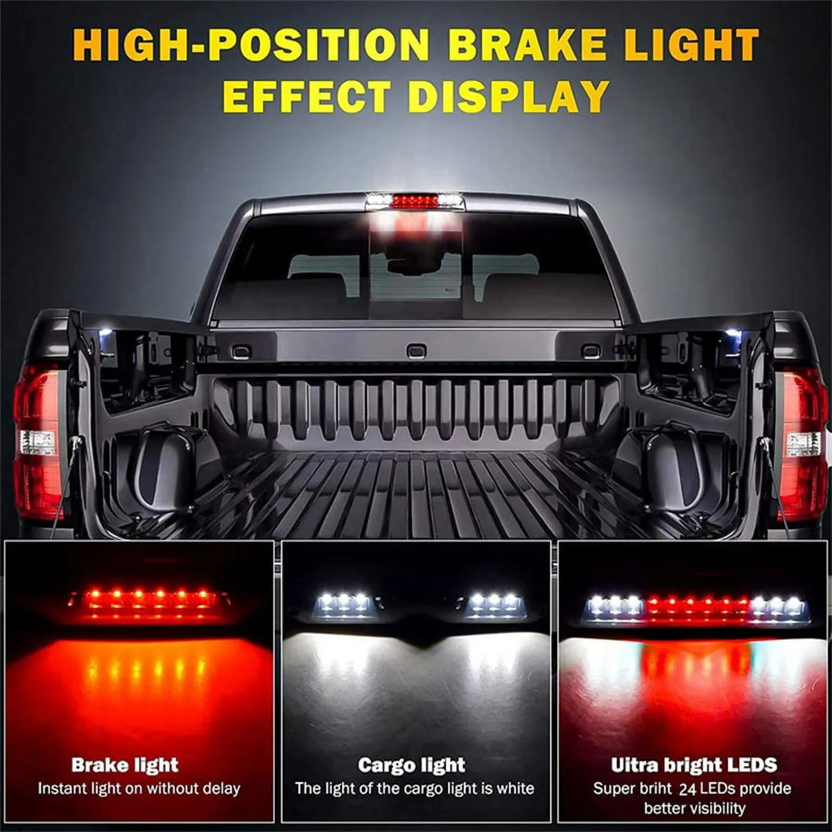 For Dodge 94-01 Ram 1500/2500/3500 Pickup 2-Rows 24 LEDs Third 3rd Tail Brake Light Lamp, Black, for Repair and Replacement Work