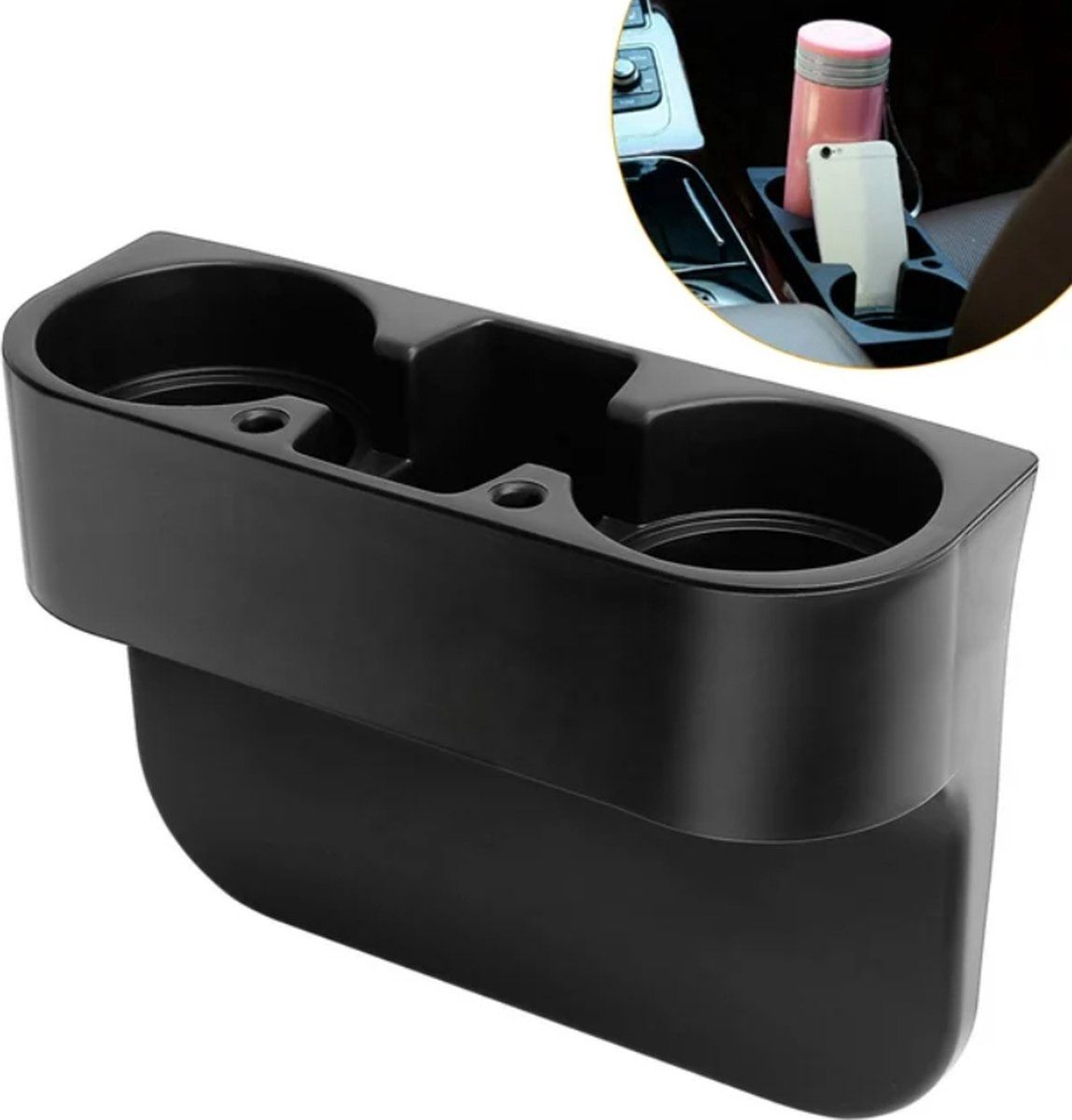 Car Cup Holder Organizer, Space-Saving Storage Insert for Drinks, Phones and Small Items in Cars, SUVs and Trucks, Black