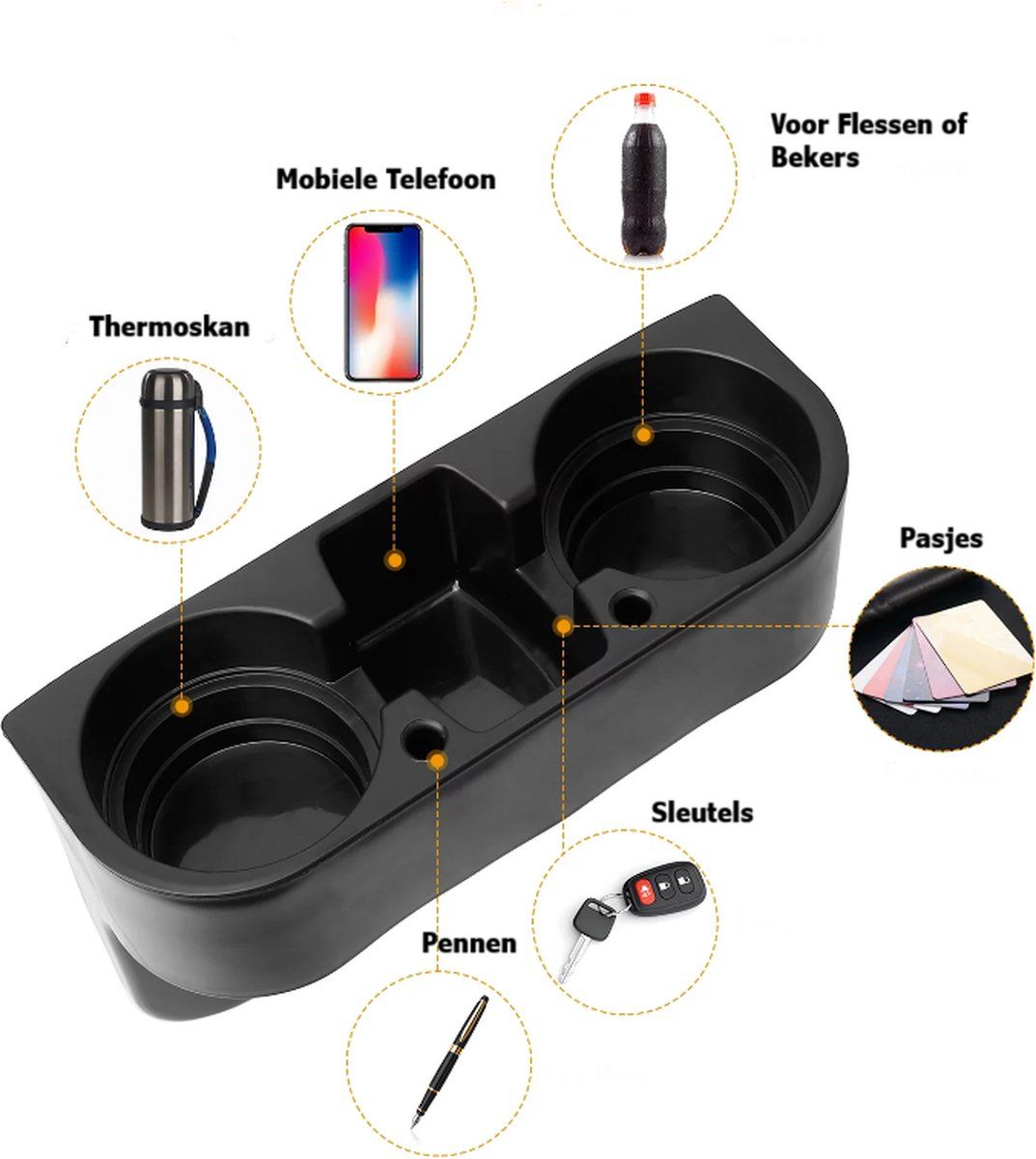 Car Cup Holder Organizer, Space-Saving Storage Insert for Drinks, Phones and Small Items in Cars, SUVs and Trucks, Black
