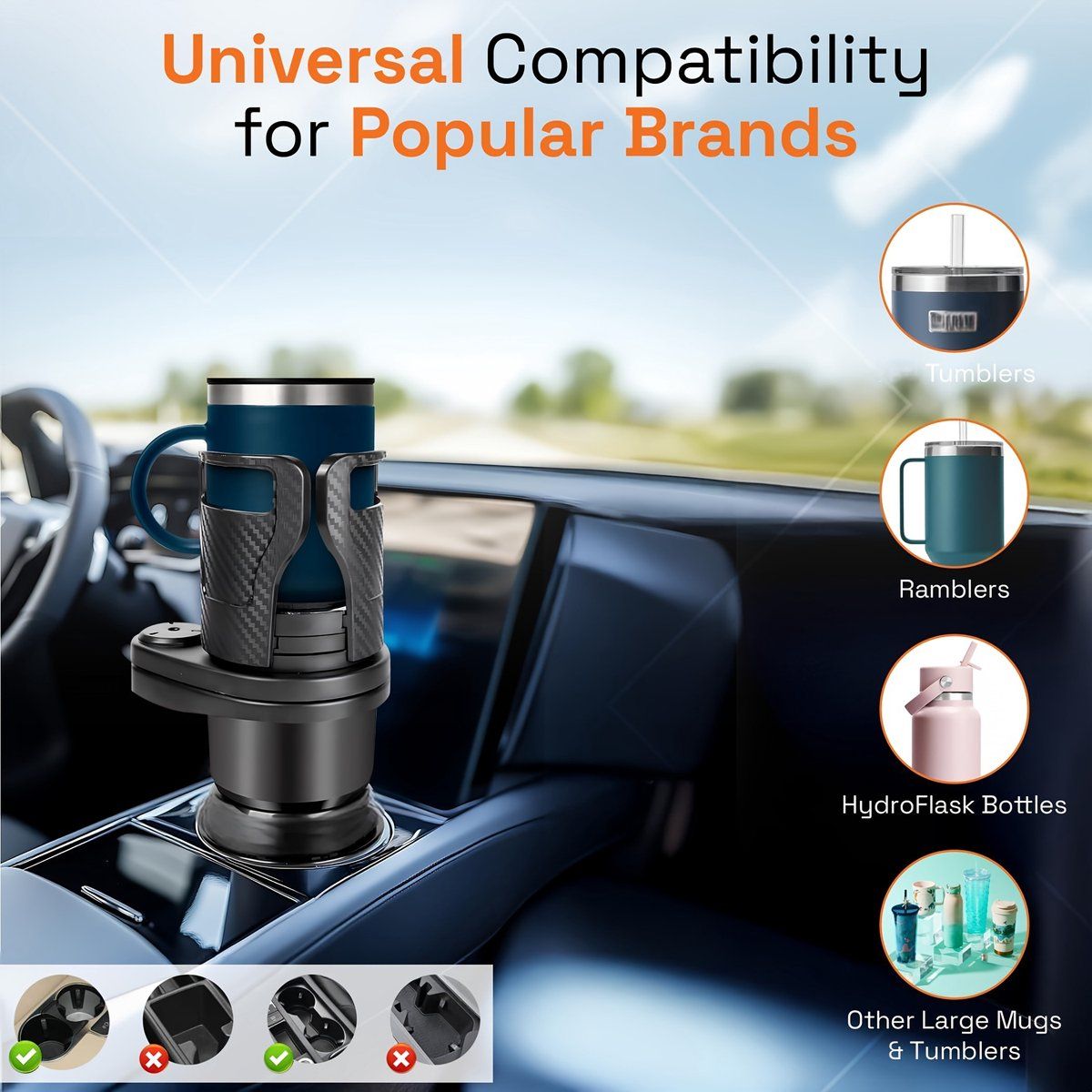 2-in-1 Adjustable Universal Car Cup Holder, for Large Water Bottles and Cups, Bottle Holder and Can Holder, Car Organizer