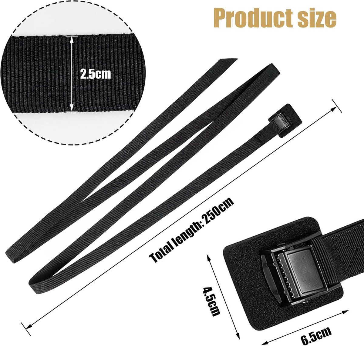4 Pieces Tie, 2.5 m lashing straps, Fastening straps with stainless steel buckle, Fastening straps for cars, bicycles and camping, black