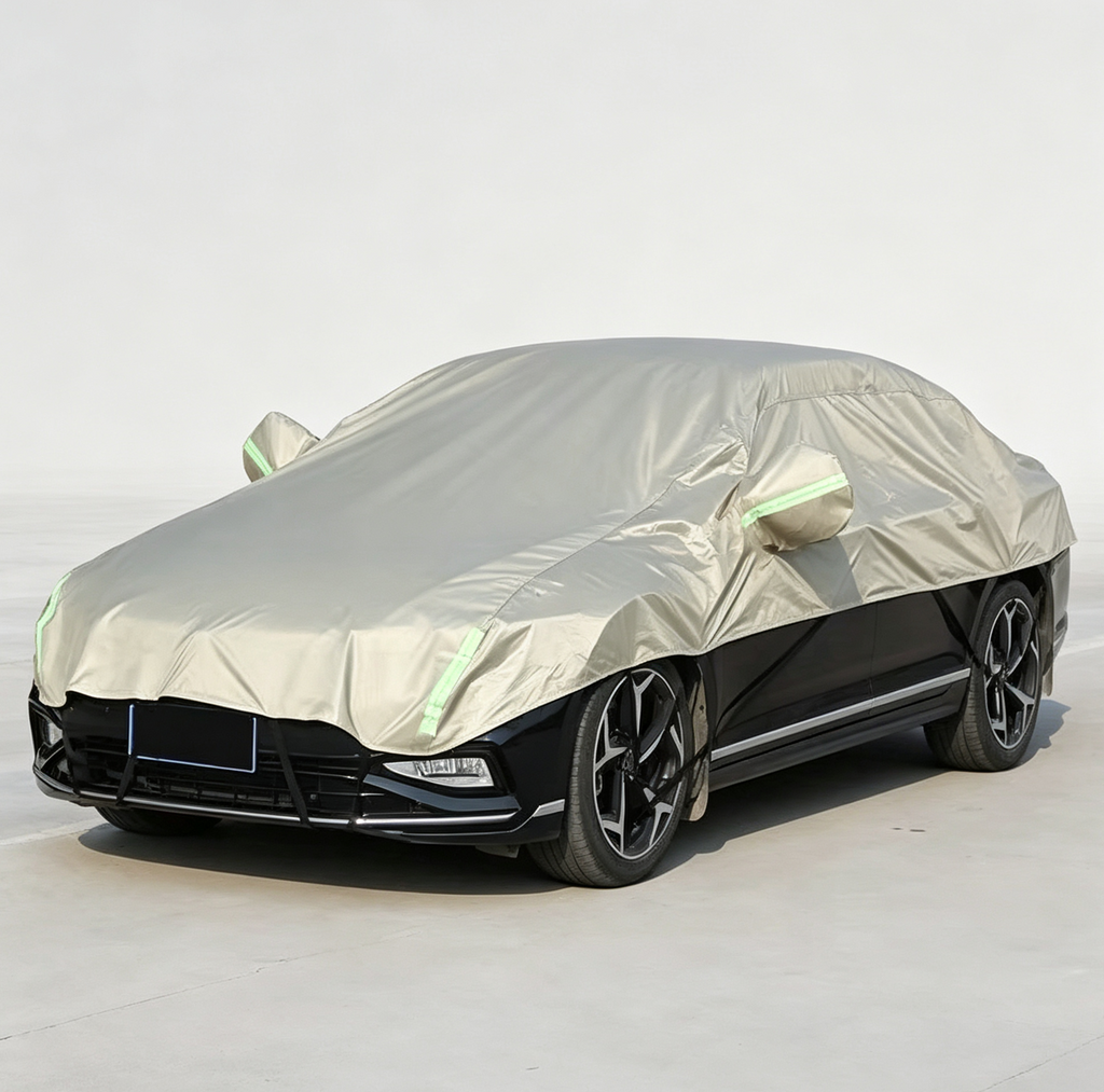 Half Car Cover Sedan with Green Reflective Strip,All Weather Car Body Cover for Sun, Rain, Dust(Fit medium sedans,medium SUVs Length 4.5m to 5.2m)-Sand gold
