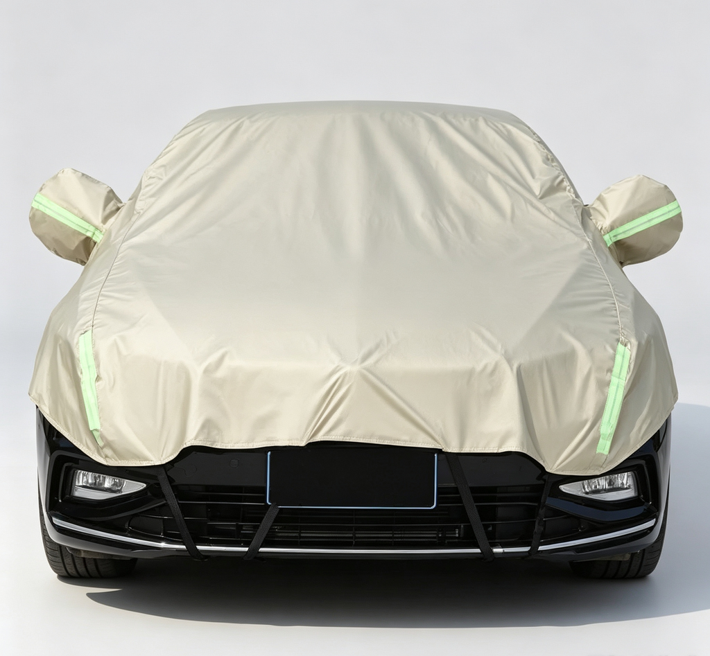 Half Car Cover Sedan with Green Reflective Strip,All Weather Car Body Cover for Sun, Rain, Dust(Fit medium sedans,medium SUVs Length 4.5m to 5.2m)-Sand gold