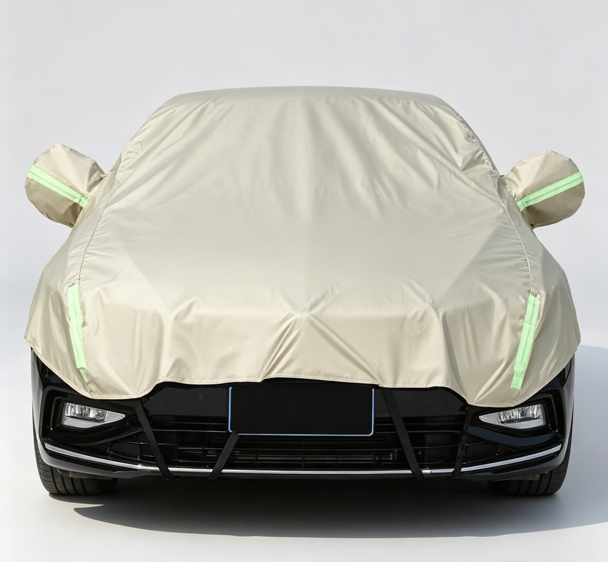 Half Car Cover Sedan with Green Reflective Strip,All Weather Car Body Cover for Sun, Rain, Dust(Fit medium sedans,medium SUVs Length 4.5m to 5.2m)-Sand gold