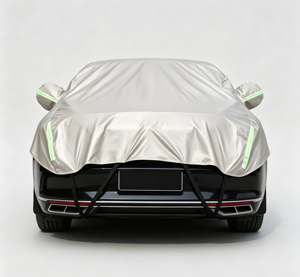 Half Car Cover Sedan with Green Reflective Strip,All Weather Car Body Cover for Sun, Rain, Dust(Fit medium sedans,medium SUVs Length 4.5m to 5.2m)-Sand gold