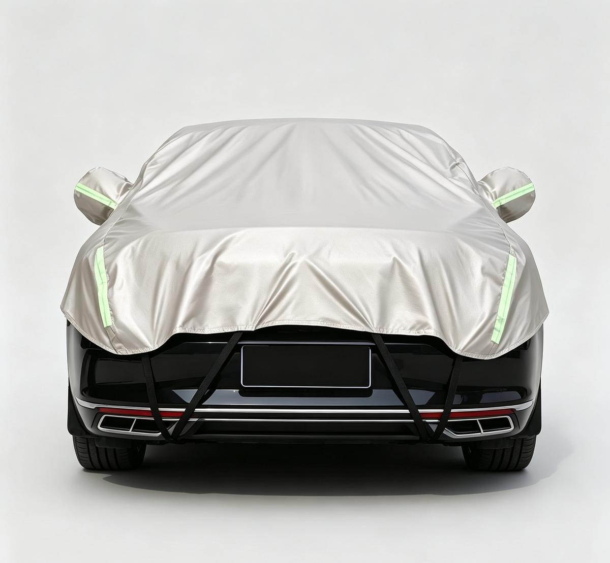 Half Car Cover Sedan with Green Reflective Strip,All Weather Car Body Cover for Sun, Rain, Dust(Fit medium sedans,medium SUVs Length 4.5m to 5.2m)-Sand gold
