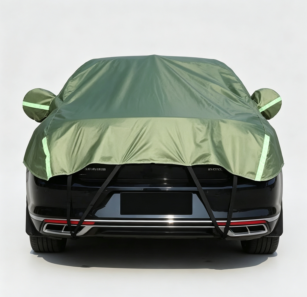 Half Car Cover Sedan with Green Reflective Strip,All Weather Car Body Cover for Sun, Rain, Dust(Fit Sedans, compact SUVs Length 4.3m to 4.5m)-green