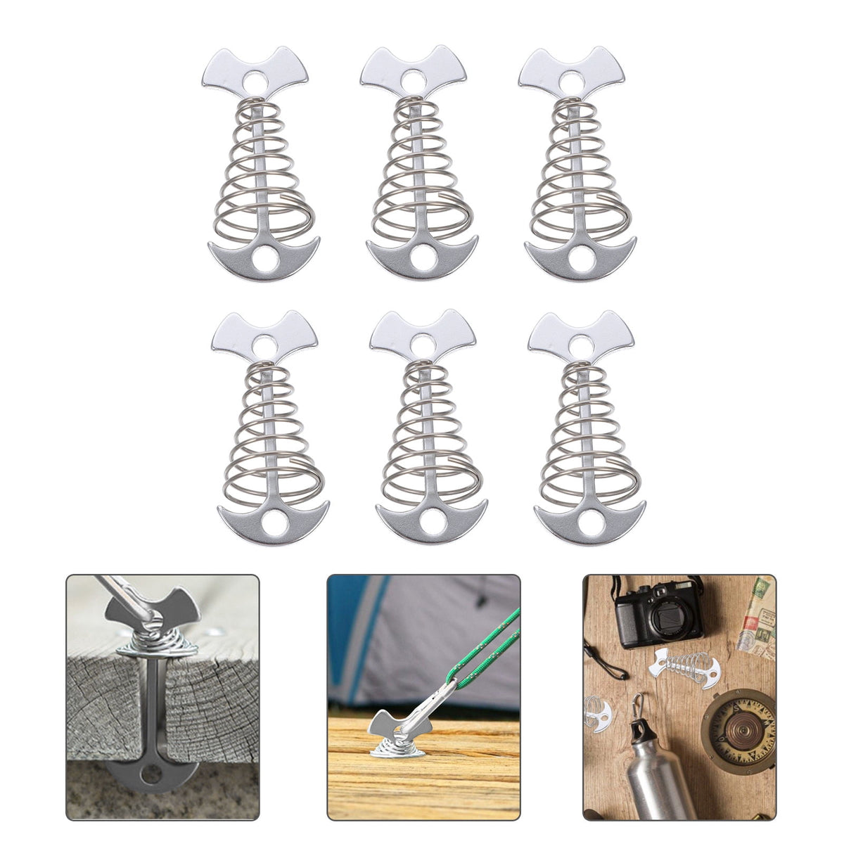 6Pcs Stainless Steel Fishbone Tent Pegs for Outdoor Camping with Tent Rope Buckle 3.1x1.6x1.2in