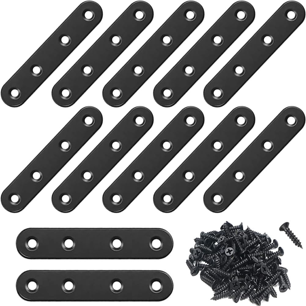 Black Straight Brackets 304Stainless Steel Flat Brace Mending Plates with Screws 8Pcs