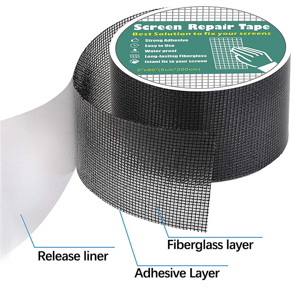 Mosquito Screen Repair Tape, Self Adhesive Fiberglass Mesh Patch for Door Window RV and Tent Screens, Fix for Rips and Tears, Black, 5 x 200 cm