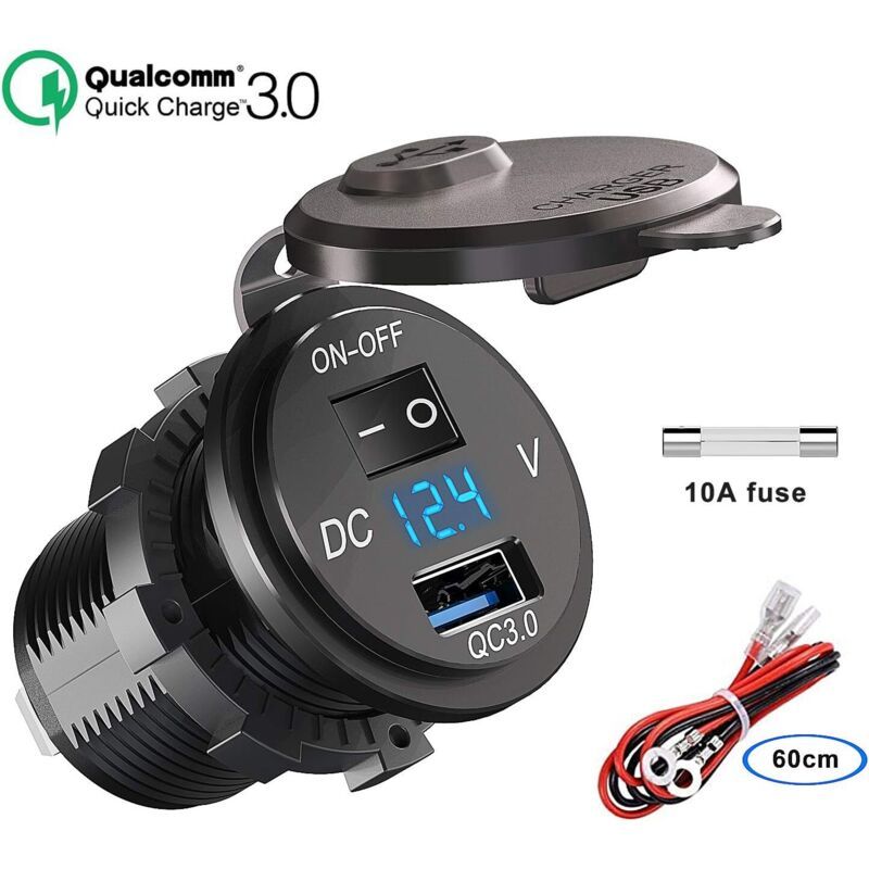 QC 3.0 Car USB Socket 12V 24V Waterproof Charger with Switch and LED Voltmeter