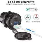 QC 3.0 Car USB Socket 12V 24V Waterproof Charger with Switch and LED Voltmeter