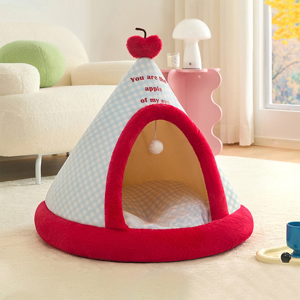 Apples Christmas Tent Christmas Pet Bed Semi Enclosed Cats Bed Dog Bed Removable And Washable Dog Bed Winter Warm Cats Bed As shown