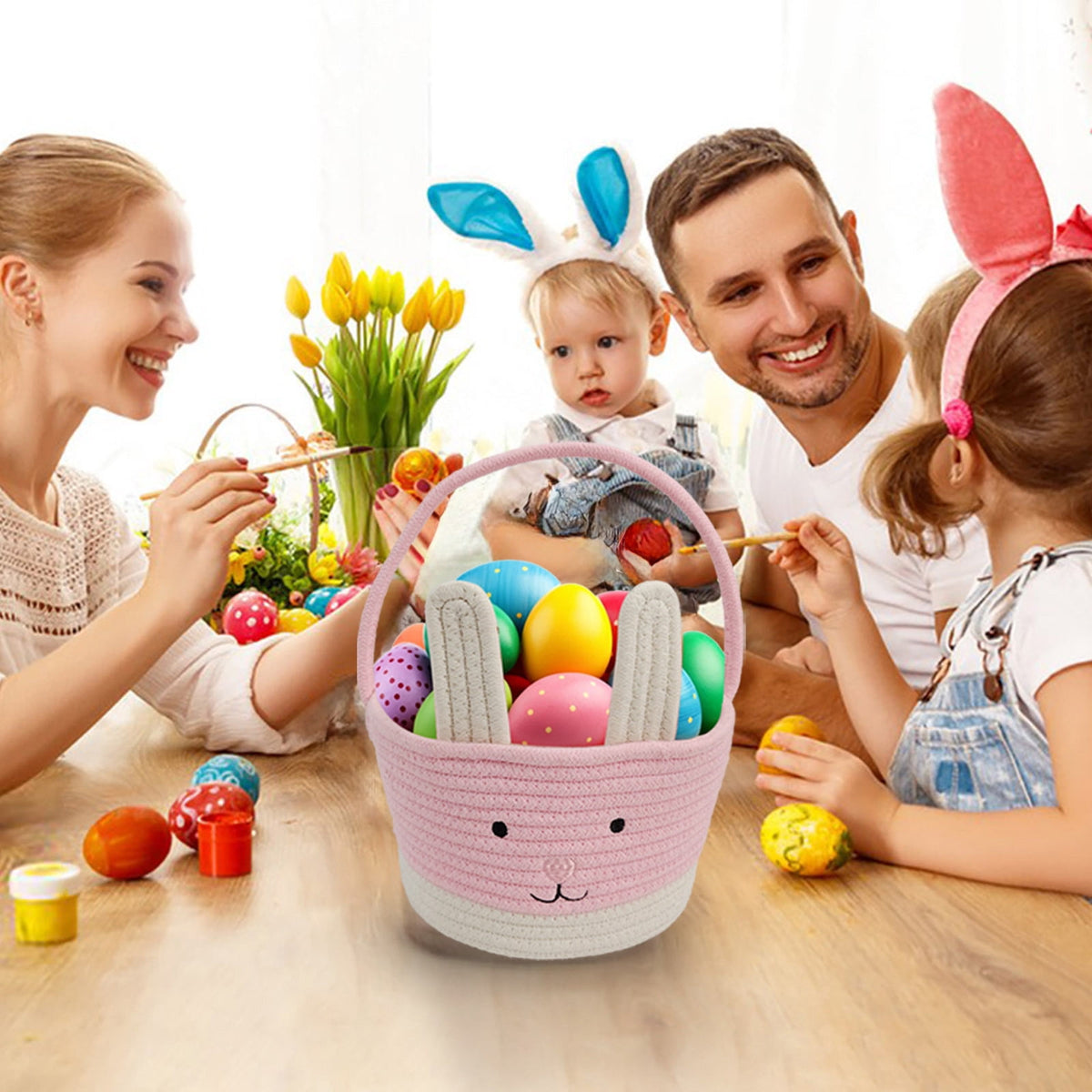 Easter Basket for Boys Girls Easter Bunny Basket with Rabbit Ears, Easter Egg Hunting Basket Easter Baskets for Kids Babies First Easter Gifts B