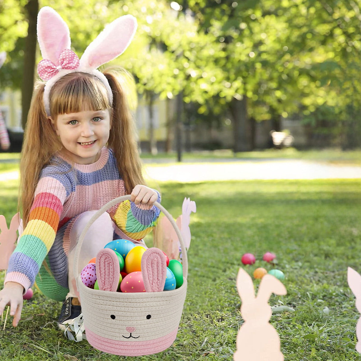Easter Basket for Boys Girls Easter Bunny Basket with Rabbit Ears, Easter Egg Hunting Basket Easter Baskets for Kids Babies First Easter Gifts C
