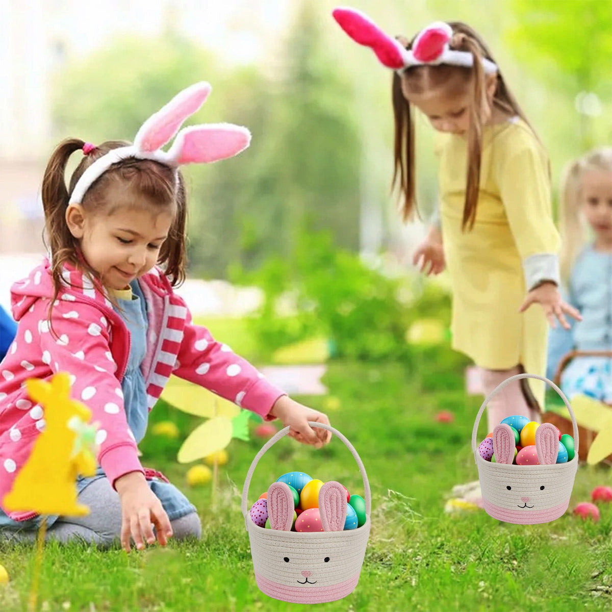Easter Basket for Boys Girls Easter Bunny Basket with Rabbit Ears, Easter Egg Hunting Basket Easter Baskets for Kids Babies First Easter Gifts C