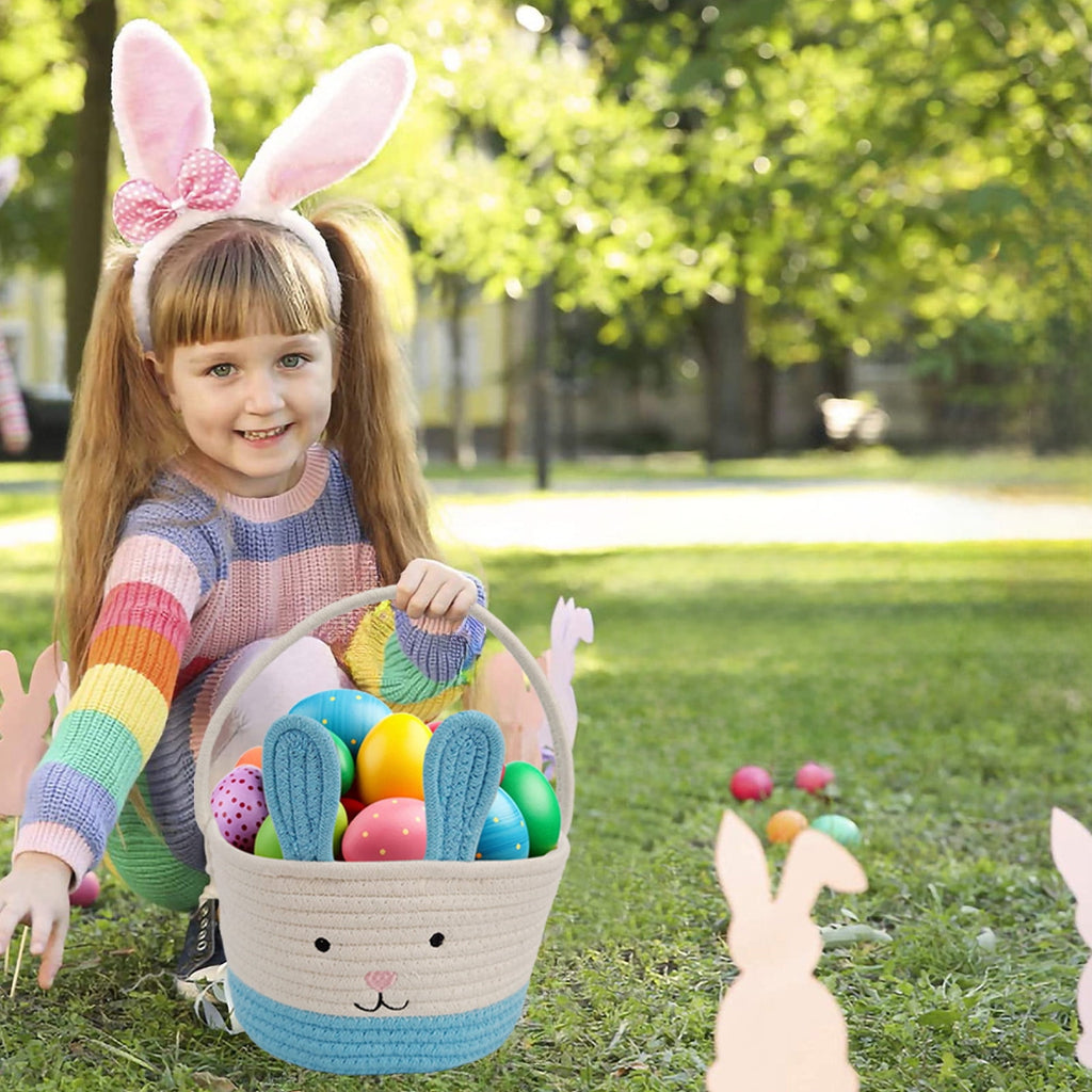 Easter Basket for Boys Girls Easter Bunny Basket with Rabbit Ears, Easter Egg Hunting Basket Easter Baskets for Kids Babies First Easter Gifts D