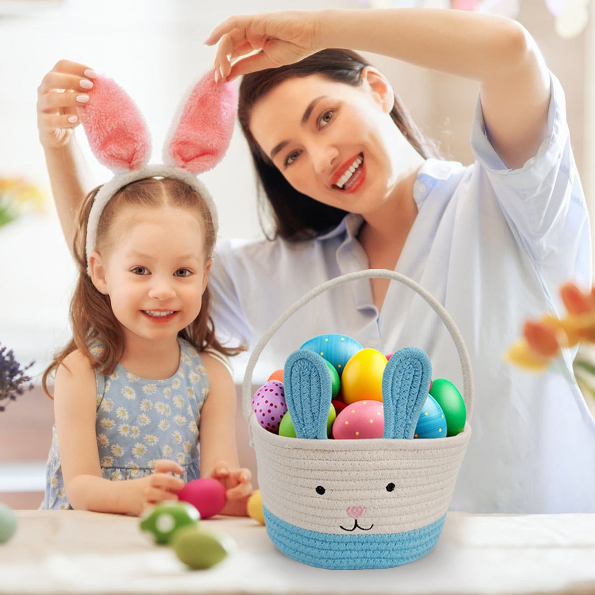 Easter Basket for Boys Girls Easter Bunny Basket with Rabbit Ears, Easter Egg Hunting Basket Easter Baskets for Kids Babies First Easter Gifts D