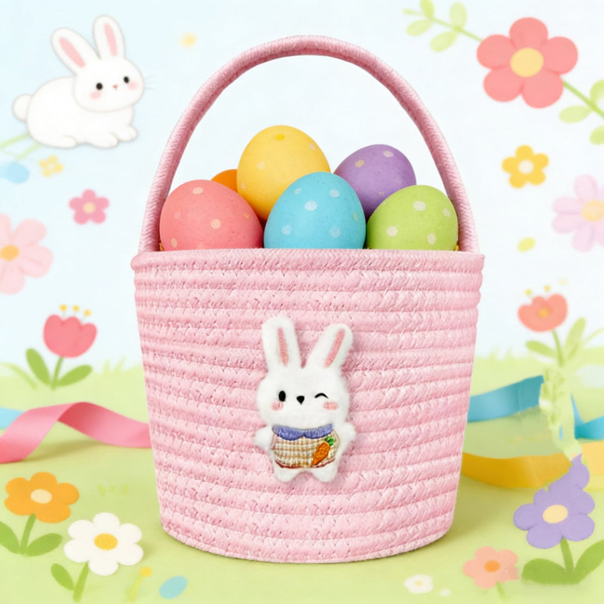 Easter Basket for Boys Girls Easter Bunny Basket with Rabbit Ears, Easter Egg Hunting Basket Easter Baskets for Kids Babies First Easter Gifts E