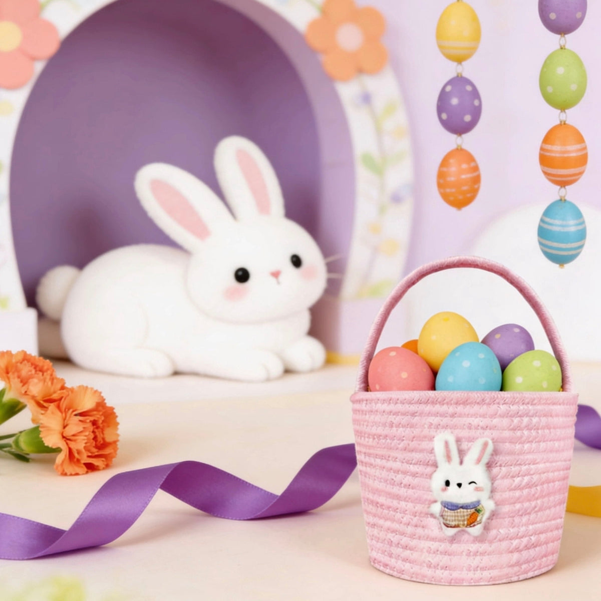Easter Basket for Boys Girls Easter Bunny Basket with Rabbit Ears, Easter Egg Hunting Basket Easter Baskets for Kids Babies First Easter Gifts E