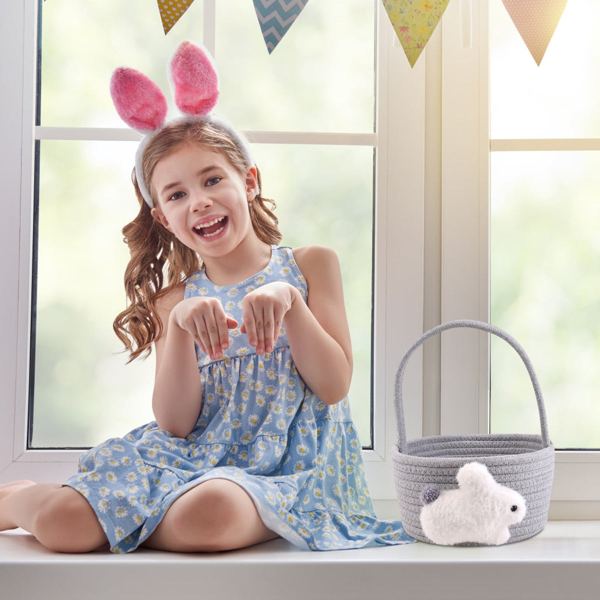 Adorable Easter Bunny Basket for Kids - Perfect Easter Gift, Cute Easter Bucket Bags with Rabbit Ears for Easter Eggs Hunting, Affordable & Festive Spring Decor As Show F