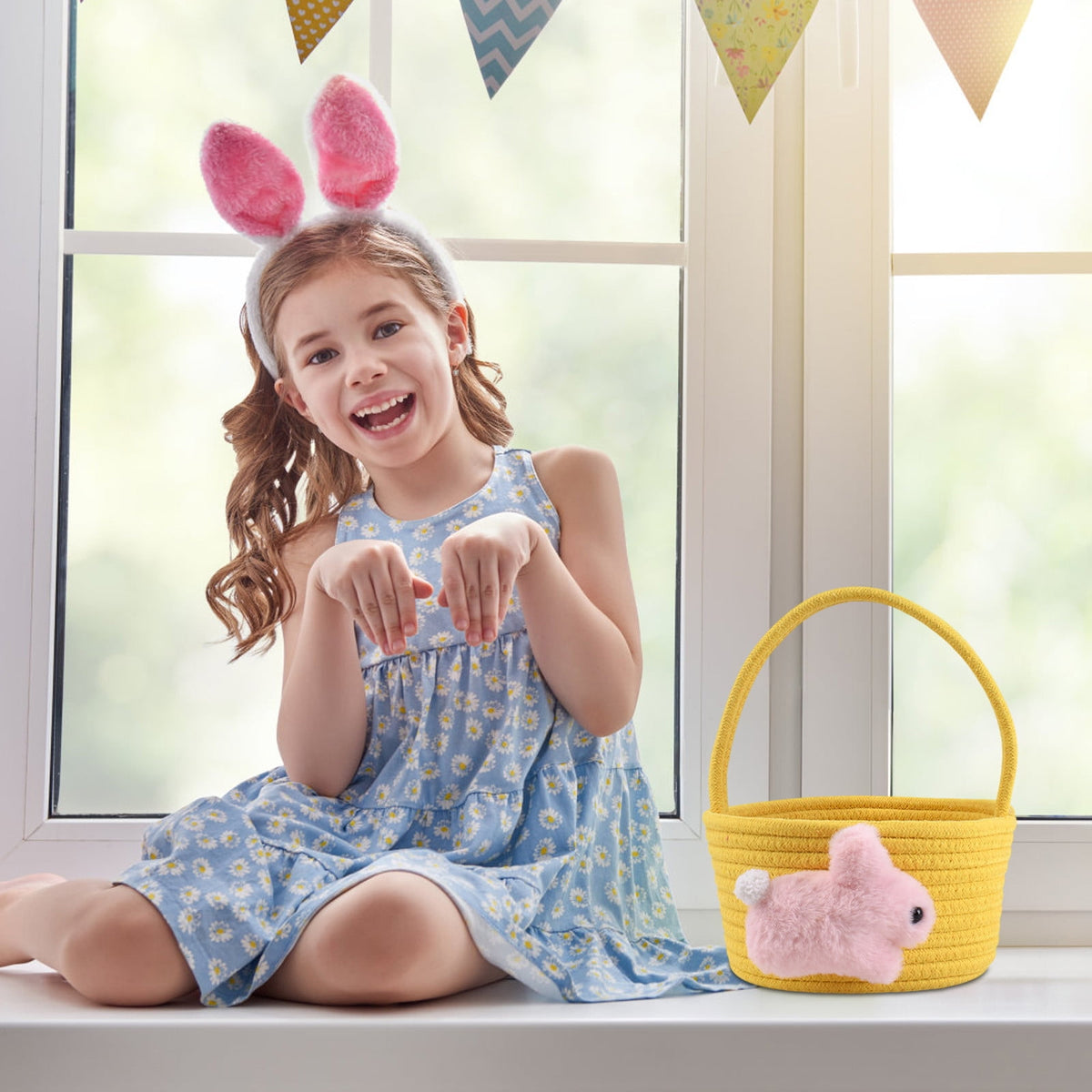 Adorable Easter Bunny Basket for Kids - Perfect Easter Gift, Cute Easter Bucket Bags with Rabbit Ears for Easter Eggs Hunting, Affordable & Festive Spring Decor As Show H