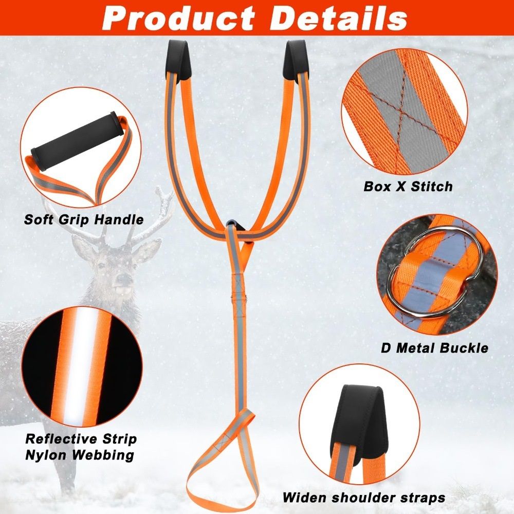 Deer Drag Harness & Rope – Heavy Duty 480lbs Capacity, Reflective Orange Hunting Gear with Comfortable Shoulder Strap, Soft Handle – Essential for Dragging Deer, Elk, Boar – Gift for Hunters