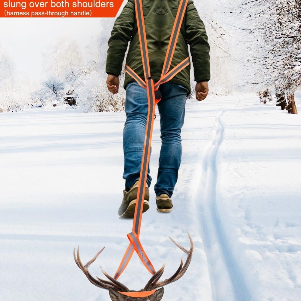 Deer Drag Harness & Rope – Heavy Duty 480lbs Capacity, Reflective Orange Hunting Gear with Comfortable Shoulder Strap, Soft Handle – Essential for Dragging Deer, Elk, Boar – Gift for Hunters