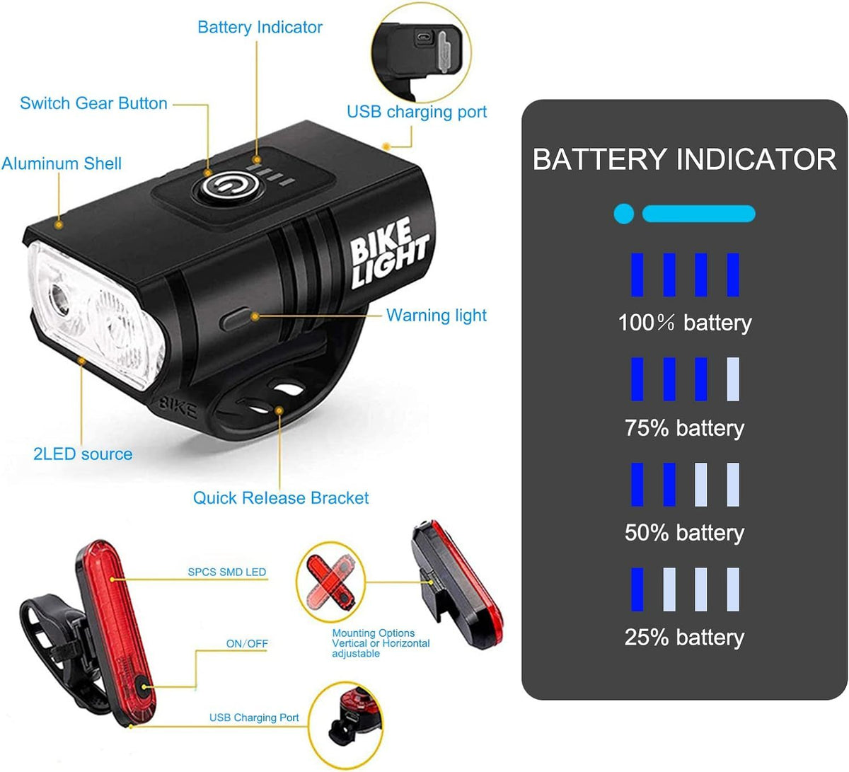 Bike Headlight and Tail Light Set: Bike Lights for Night Riding,USB Rechargeable, 2 Bright LED Headlights,6 Light Modes
