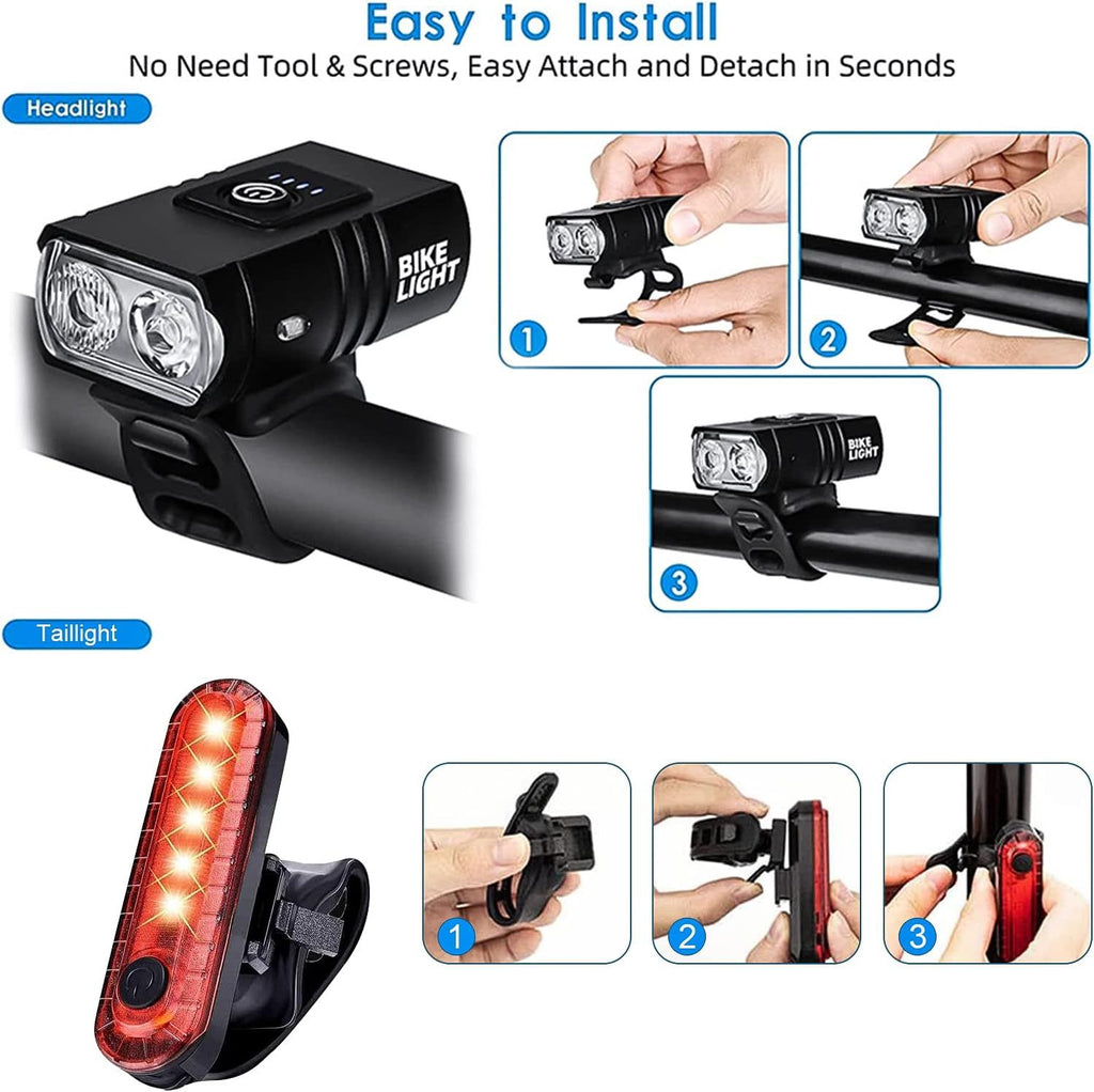 Bike Headlight and Tail Light Set: Bike Lights for Night Riding,USB Rechargeable, 2 Bright LED Headlights,6 Light Modes