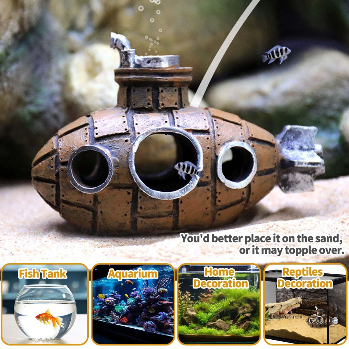 Aquarium Air Bubbler Decoration, Realistic Submarine Ornament for Aquarium Fish Tank (Submarine-Brown)