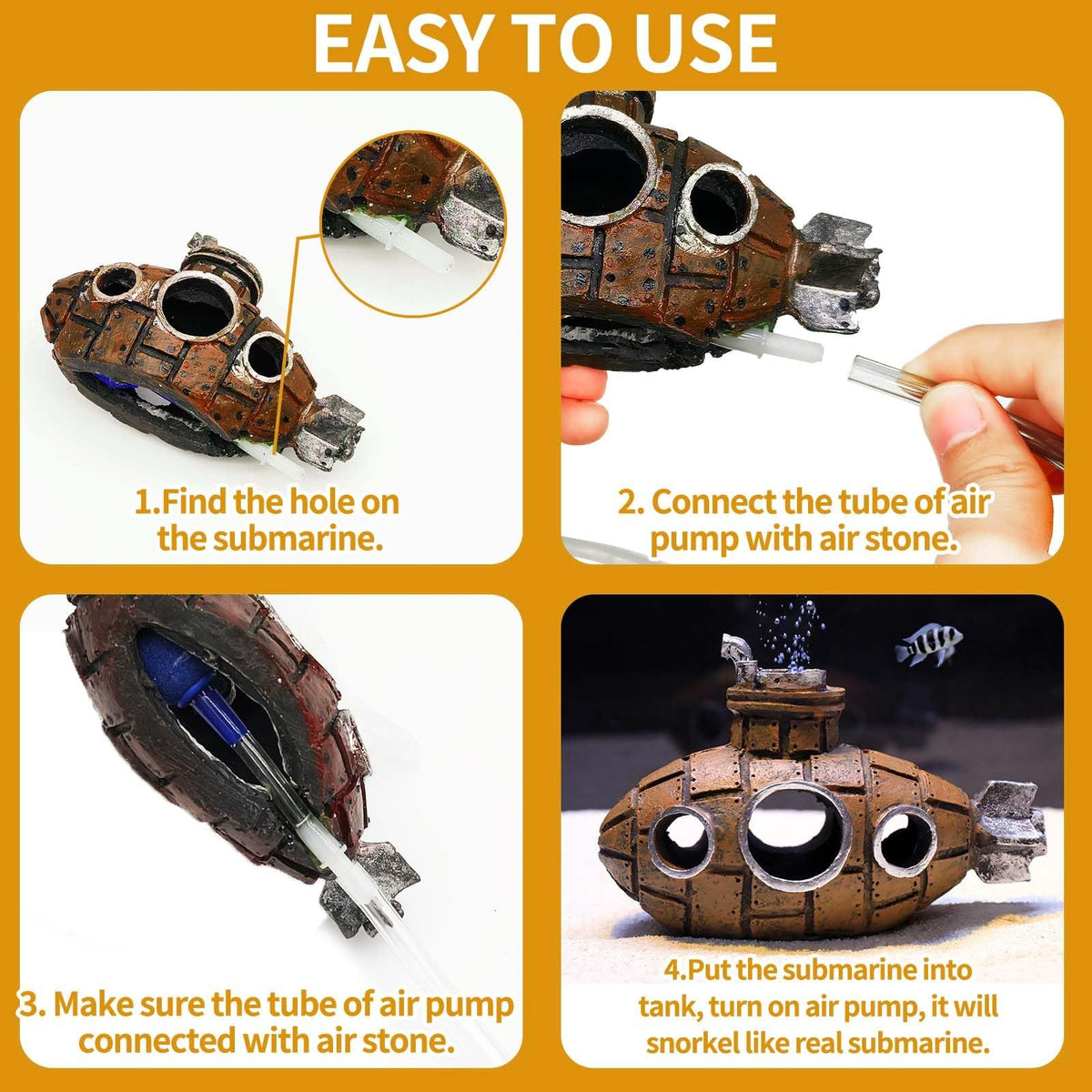 Aquarium Air Bubbler Decoration, Realistic Submarine Ornament for Aquarium Fish Tank (Submarine-Brown)