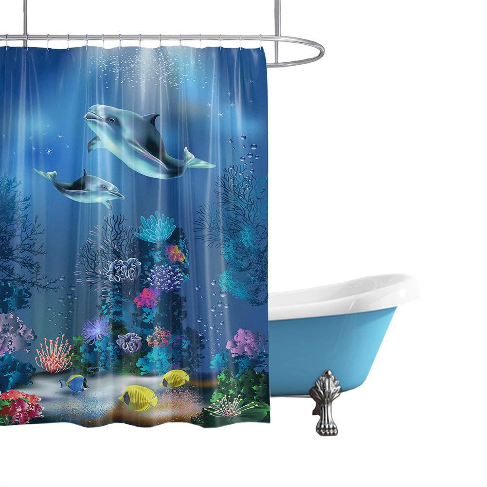 Cute Dolphin Shower Curtain Tropical Fish Colorful Coral Reef Shower Curtain Marine Life in Deep Blue Ocean Bathroom ,72x72 inch