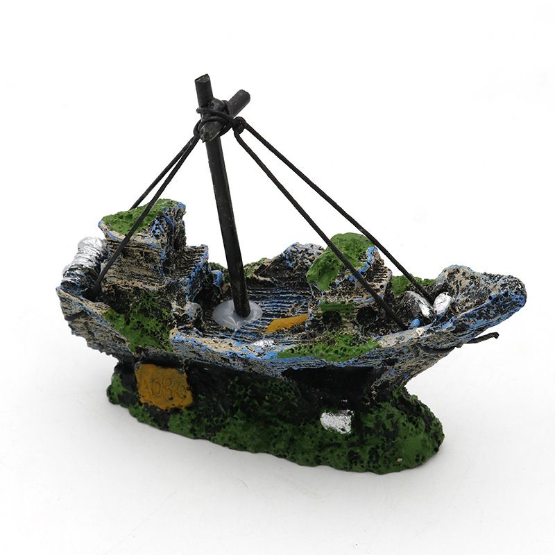 Resin Fishing Boat Aquarium Ornament Plastic Decoration Sunken Pirate Ship Theme Old Pirate Ship Sunken Treasure Boat Aquarium