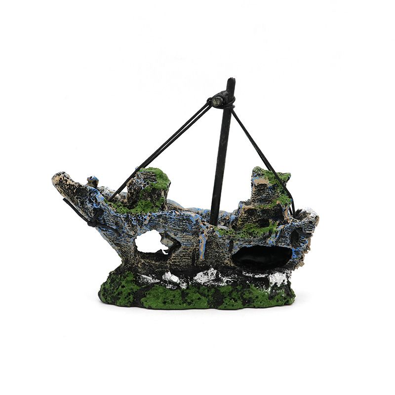 Resin Fishing Boat Aquarium Ornament Plastic Decoration Sunken Pirate Ship Theme Old Pirate Ship Sunken Treasure Boat Aquarium
