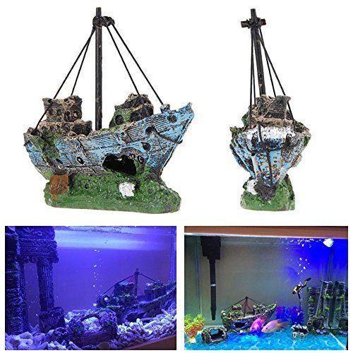 Resin Fishing Boat Aquarium Ornament Plastic Decoration Sunken Pirate Ship Theme Old Pirate Ship Sunken Treasure Boat Aquarium