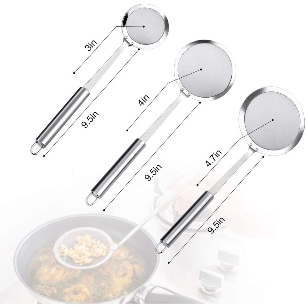 Skimmer Spoon, 3 Pack Stainless Steel Skimmer Spoon Japanese Hot Pot Fat Skimmer Spoon Fine Mesh Strainer Grease Strainer Skimmer Spoons for Cooking Frying Skimming Grease, Foam and Gravy