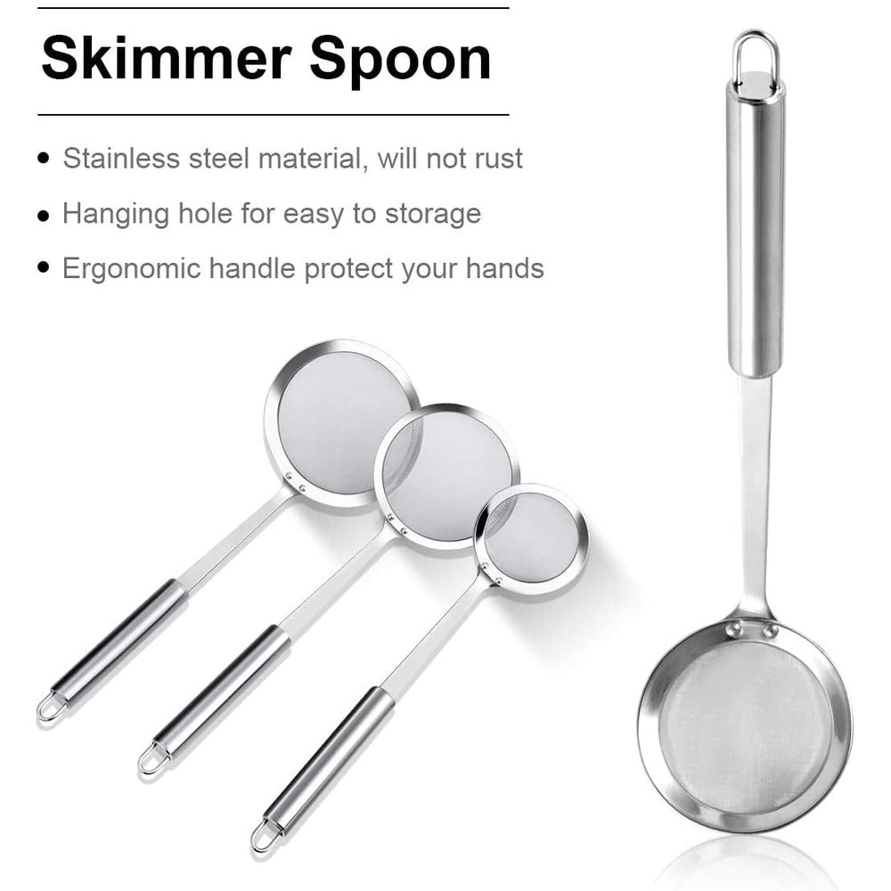 Skimmer Spoon, 3 Pack Stainless Steel Skimmer Spoon Japanese Hot Pot Fat Skimmer Spoon Fine Mesh Strainer Grease Strainer Skimmer Spoons for Cooking Frying Skimming Grease, Foam and Gravy