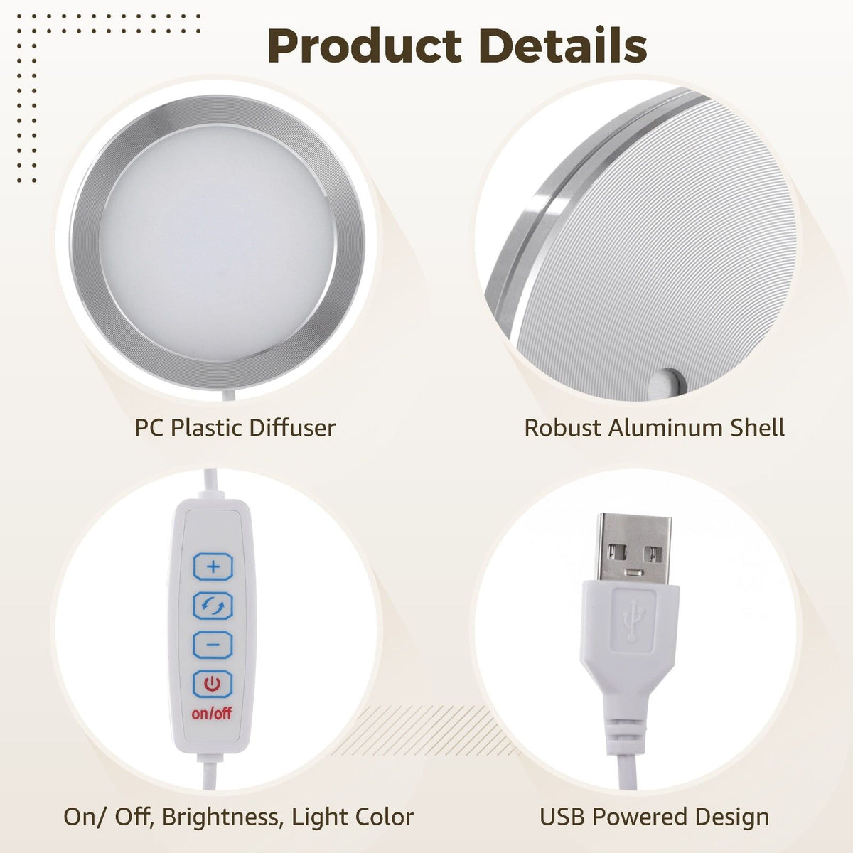 6 PCS LED Lamp Kit, USB Powered LED Light with Inline Switch, 3 Color Modes, 10 Brightness Levels, Aluminum Shell, PC Diffuser, DIY Lighting Set for Custom Lamp Projects, 3D Printed Shades, Crafts