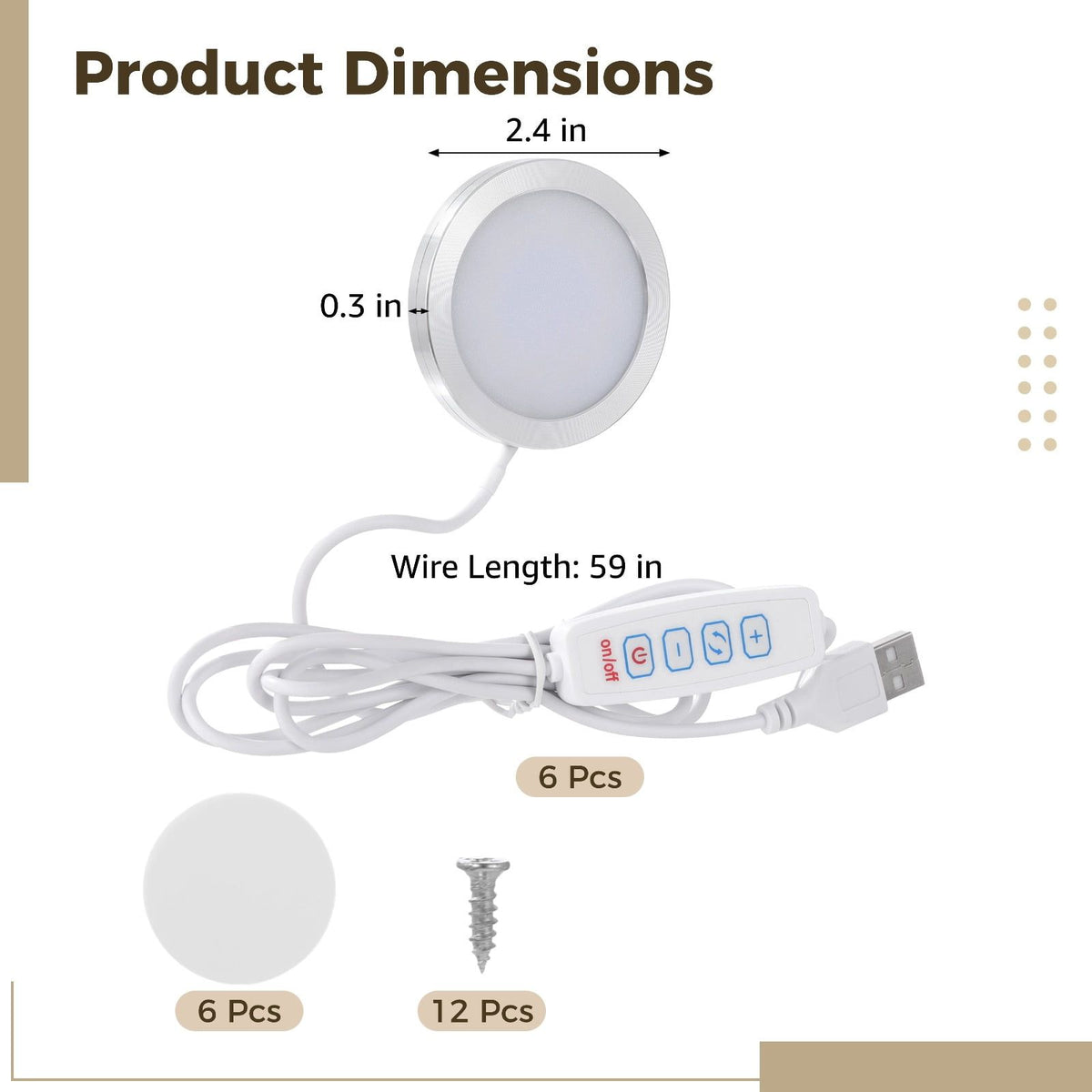 6 PCS LED Lamp Kit, USB Powered LED Light with Inline Switch, 3 Color Modes, 10 Brightness Levels, Aluminum Shell, PC Diffuser, DIY Lighting Set for Custom Lamp Projects, 3D Printed Shades, Crafts