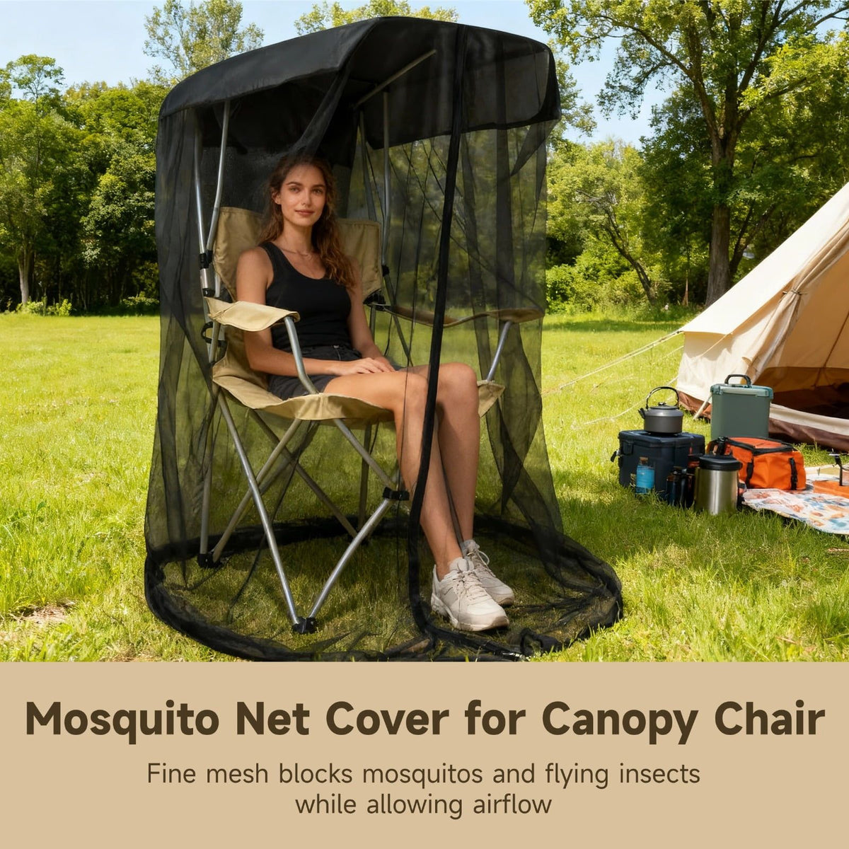 Mosquito Net Cover for Canopy Chair, Black Mesh Tent with Smooth Zipper, 35 x 32 x 63 in Canopy Chair Netting Shelter with Waterproof Sunproof Roof for Camping, Fishing, Outdoor Sitting