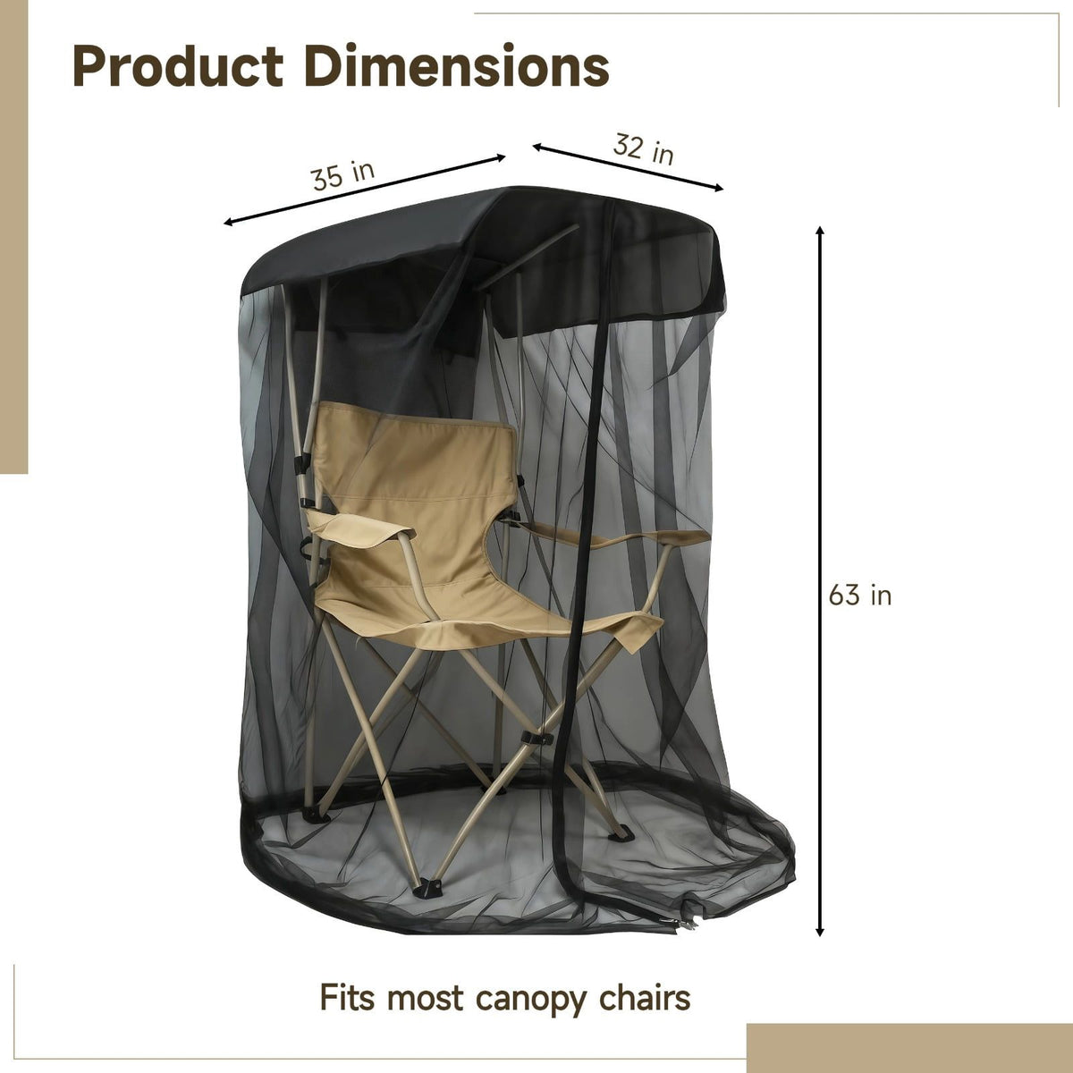 Mosquito Net Cover for Canopy Chair, Black Mesh Tent with Smooth Zipper, 35 x 32 x 63 in Canopy Chair Netting Shelter with Waterproof Sunproof Roof for Camping, Fishing, Outdoor Sitting