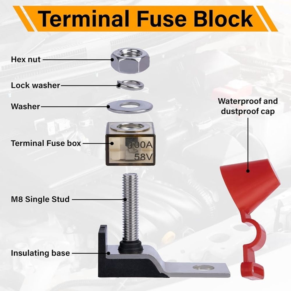 Terminal Fuse Block 125A 58V DC Battery Terminal Fuse, Single Stud Marine Battery Fuses with IP66 Waterproof Cap