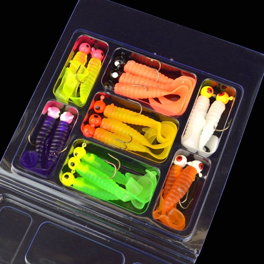 17pcs Worm Lures, Fishing Jigs Head Hooks Kit, Soft Plastic Tail Worm Lure Bait, Jigs Buster Tubes Baits for Crappie Bass Trout, Suitable for Both Saltwater & Freshwater Fishing, Random