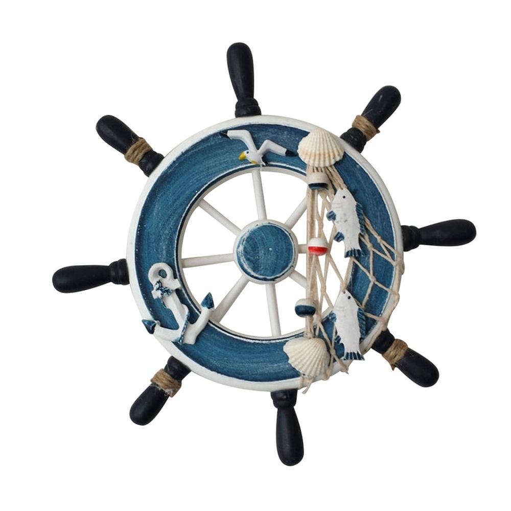 Nordic Coastal Nautical Wood Block Wall Decor Sailor Wheel with Fishing Net