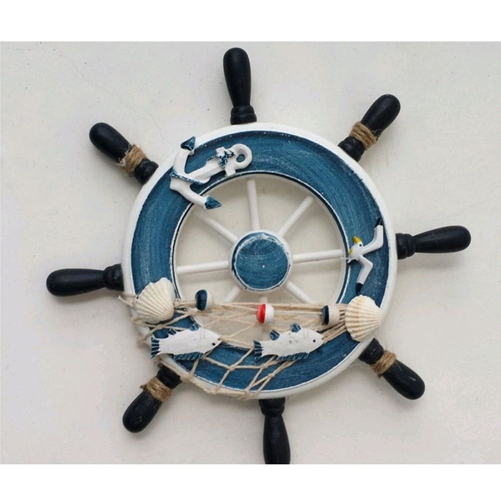 Nordic Coastal Nautical Wood Block Wall Decor Sailor Wheel with Fishing Net