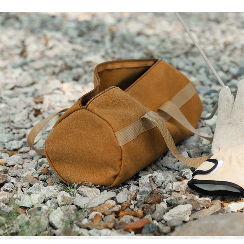 Tent Stakes Bag, Double Layer Tent Pole Pegs Storage Bag, Camping Accessories Large-Capacity Canvas Tool Bag with Zipper for Man Camping, Hiking (36cm Khaki)
